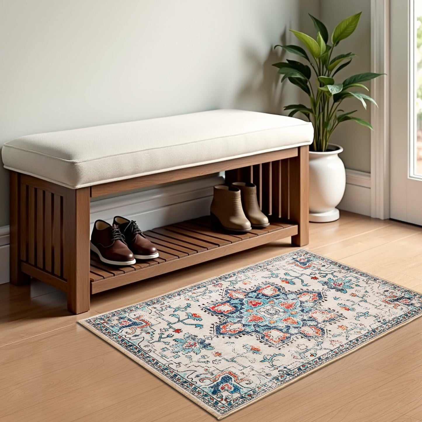 Puremy 2x3 Vintage Boho Entryway Rug Non Slip Low Pile Floral Cream