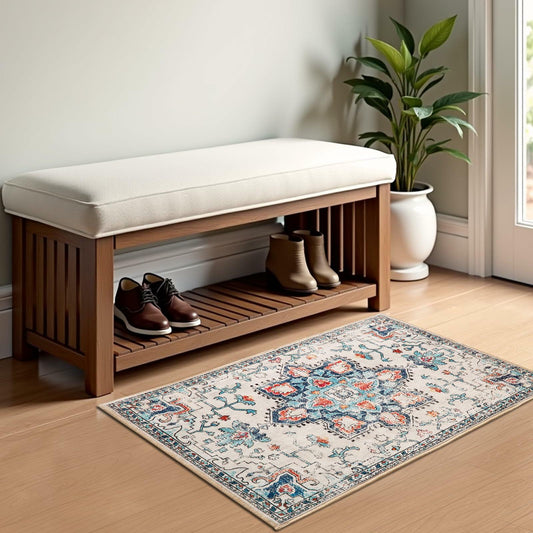 Puremy 2x3 Vintage Boho Entryway Rug Non Slip Low Pile Floral Cream