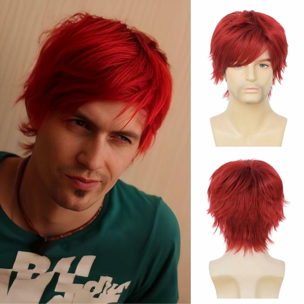 Salaibs Mens Red Short Wig Synthetic Natural Looking Bangs Halloween Cosplay