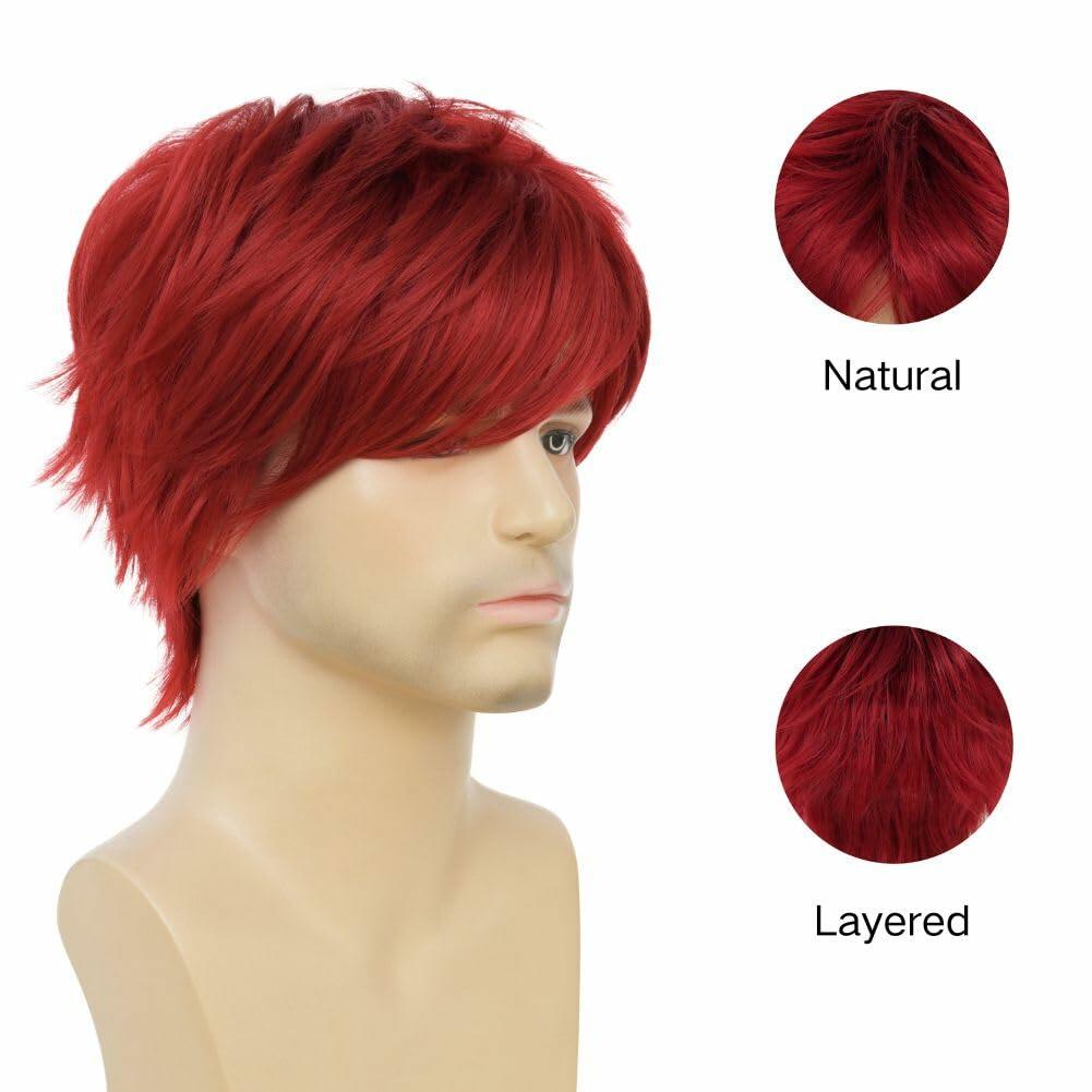 Salaibs Mens Red Short Wig Synthetic Natural Looking Bangs Halloween Cosplay