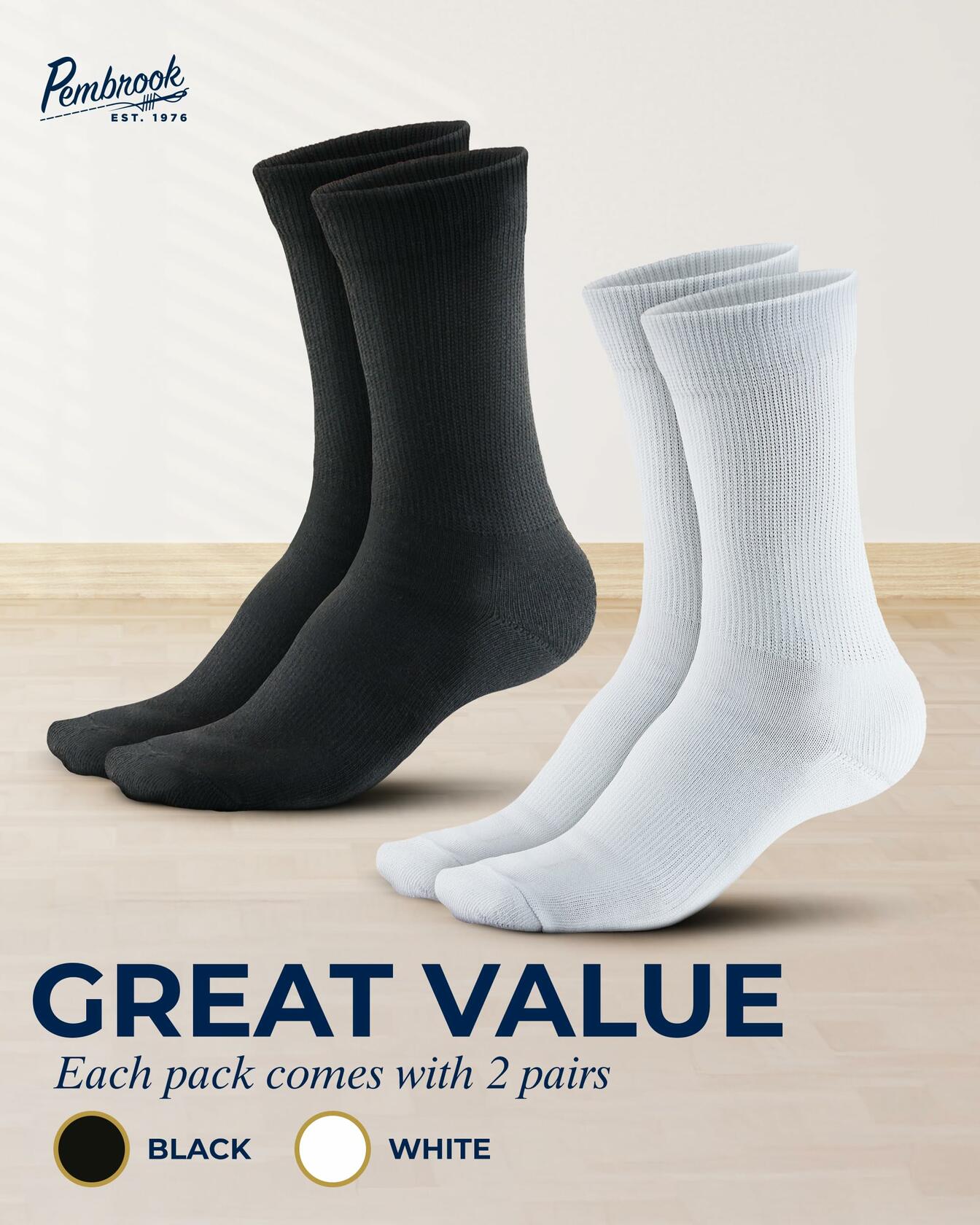 Pembrook Diabetic Compression Crew Socks Women 2 Pairs Black/White Size L