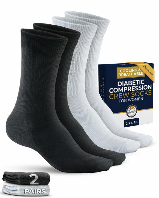 Pembrook Diabetic Compression Crew Socks Women 2 Pairs Black/White Size L