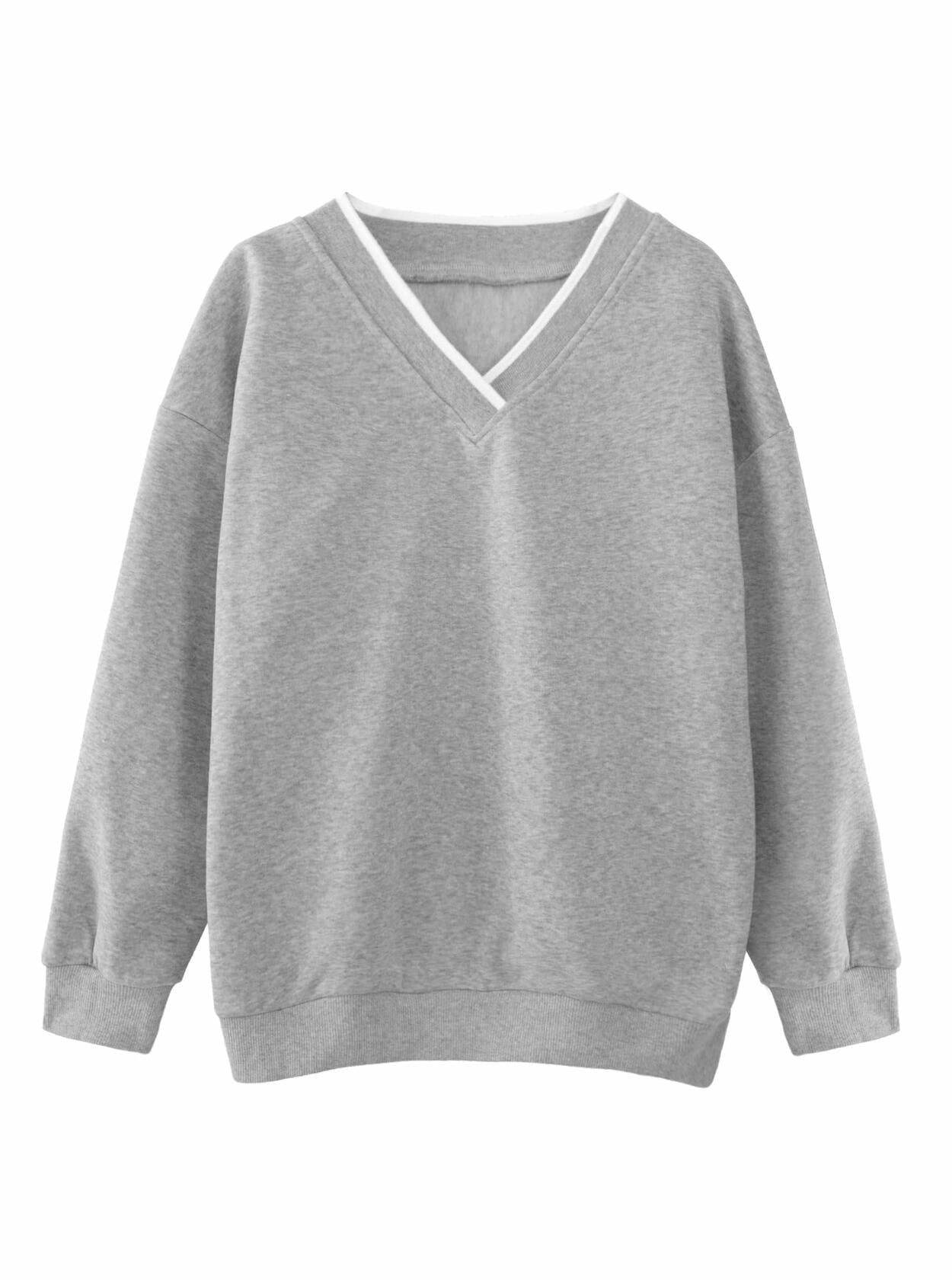 Hilinker Womens V Neck Oversized Sweatshirt Long Sleeve Grey Size S