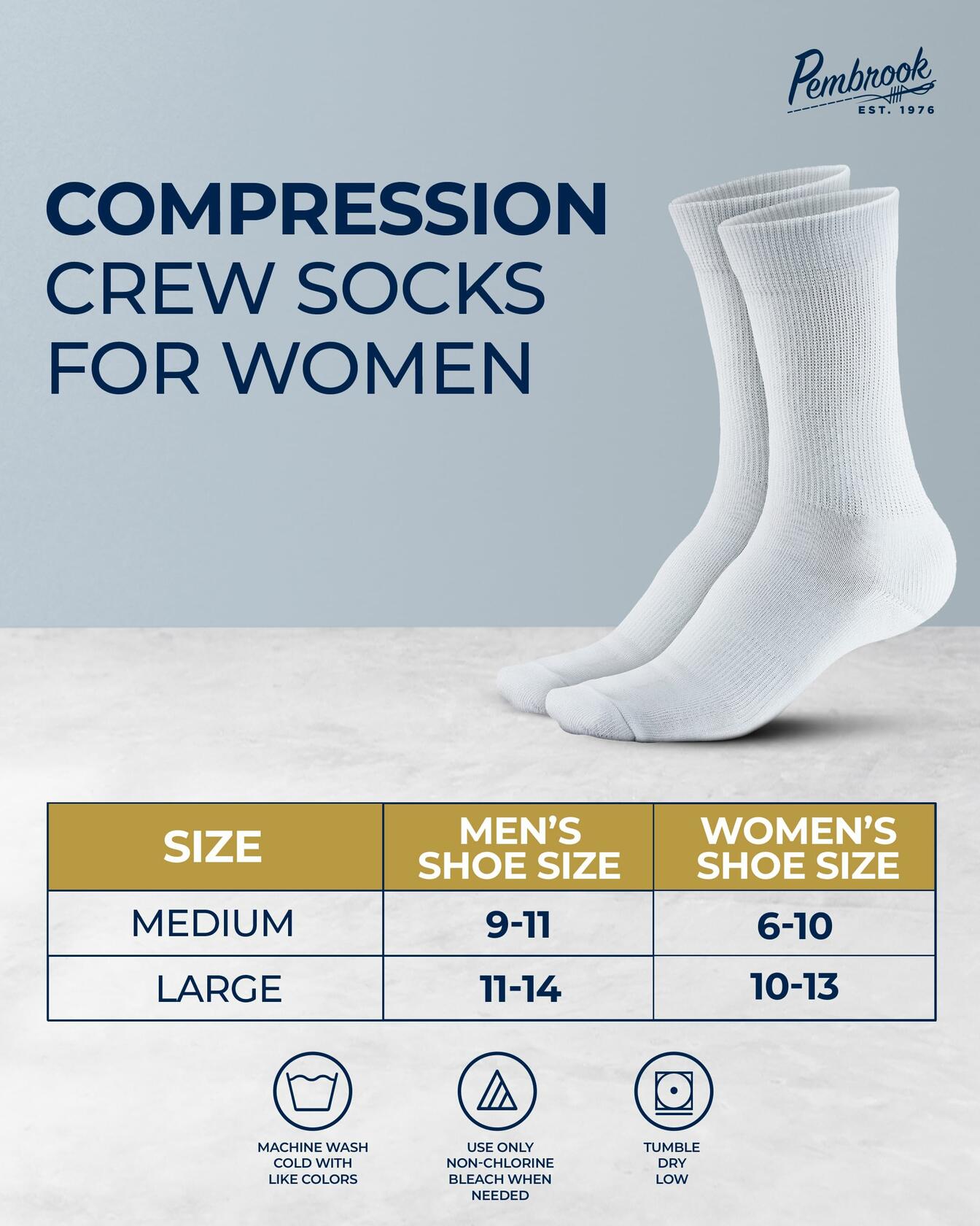 Pembrook Diabetic Compression Crew Socks Women 2 Pairs Black/White Size L