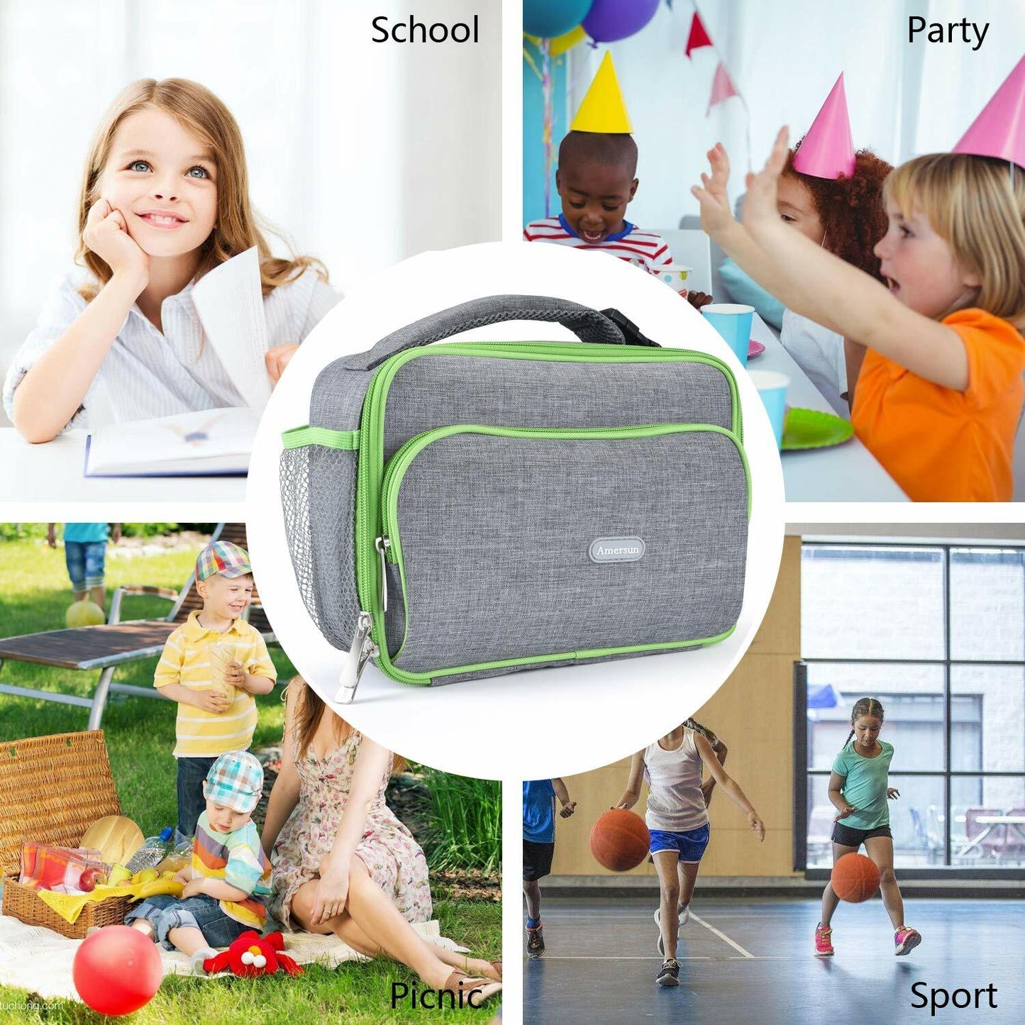 Amersun Insulated Lunch Box with 2 Pockets Padded Liner Dark Gray 4 Compartments