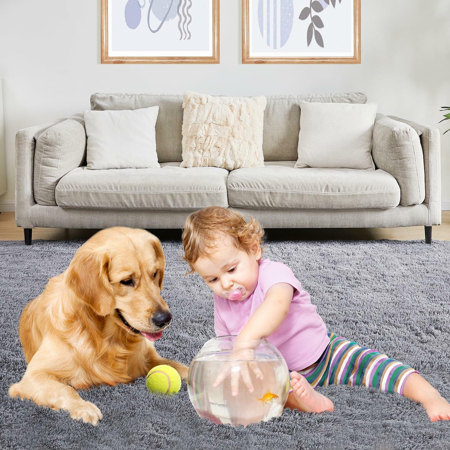 Puremy Grey Round Fluffy Rug 5ft Non-Slip Carpet for Kids Nursery Room