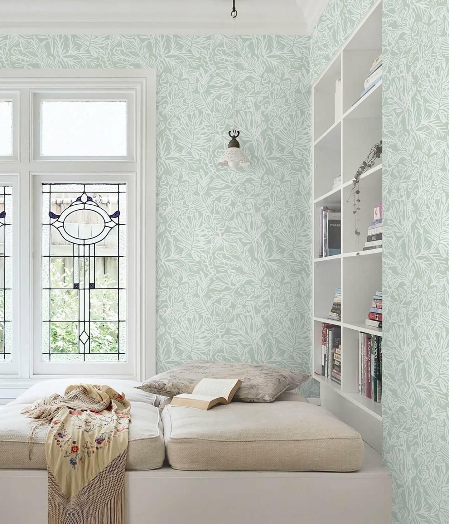 Fiula Peel and Stick Wallpaper Green White Leaf 17.3inx78.7in Removable Vinyl