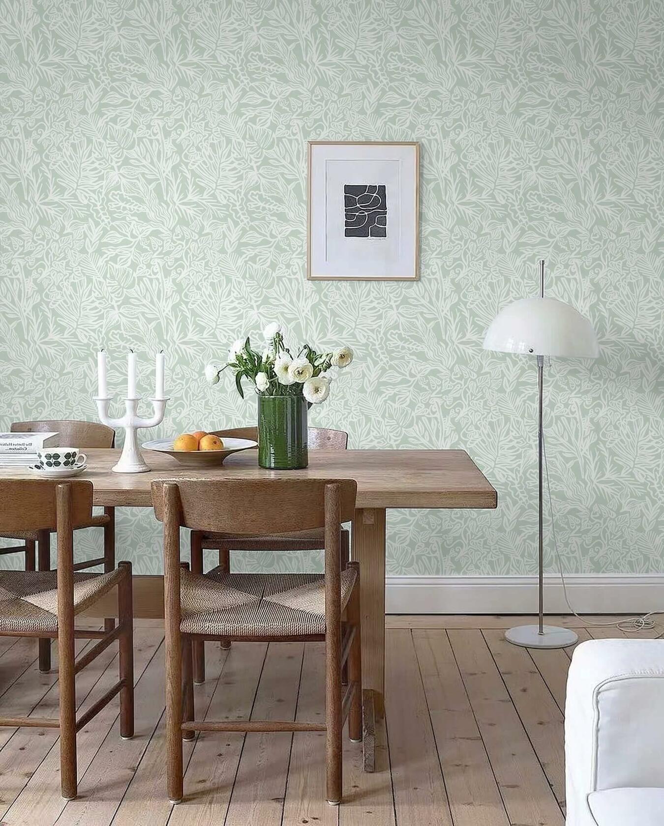 Fiula Peel and Stick Wallpaper Green White Leaf 17.3inx78.7in Removable Vinyl
