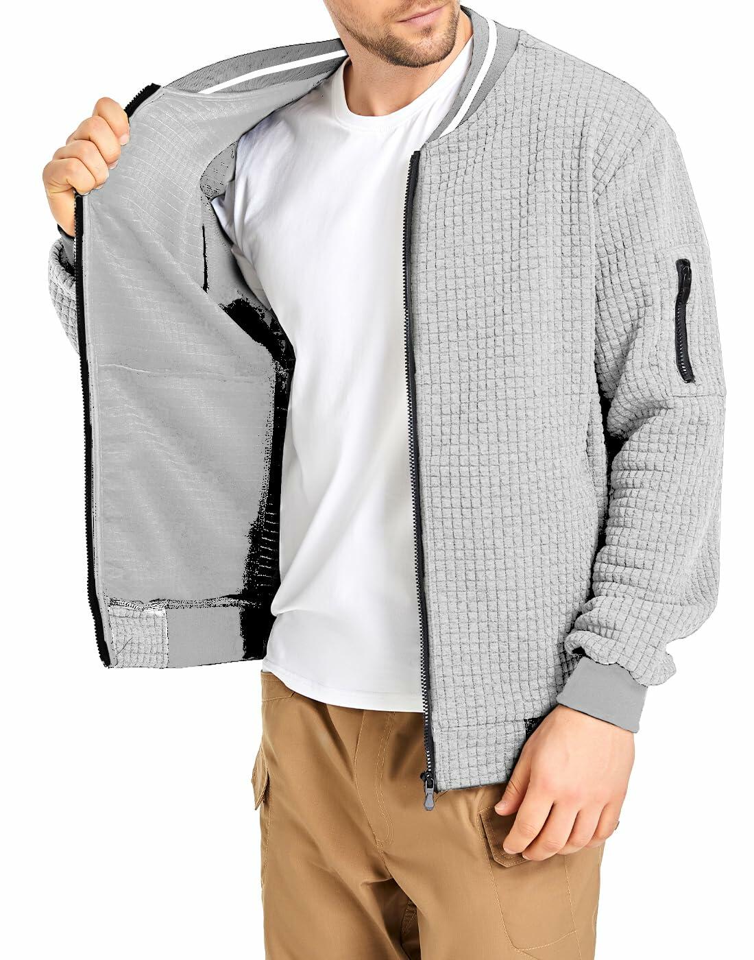 SAVKOOV Mens Lightweight Bomber Varsity Jacket Light Gray Size 5XL