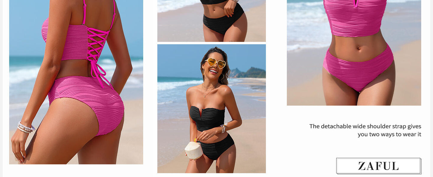 ZAFUL Womens Bandeau Lace-Up Bikini Set High Waisted Hot Pink Size M