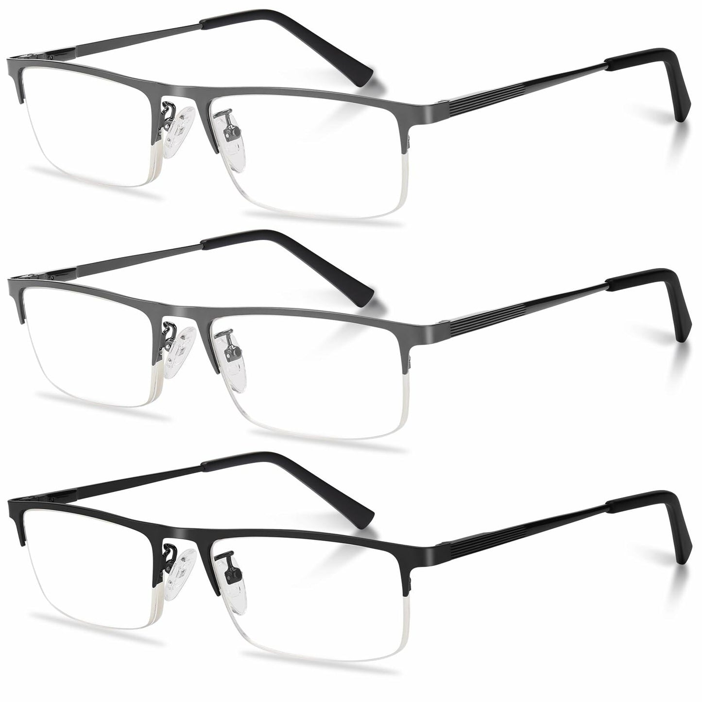 Anourney 3-Pack Men’s Reading Glasses +2.25 Metal Half Frame Blue Light
