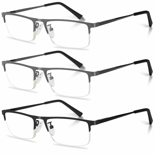 Anourney 3-Pack Men’s Reading Glasses +2.25 Metal Half Frame Blue Light