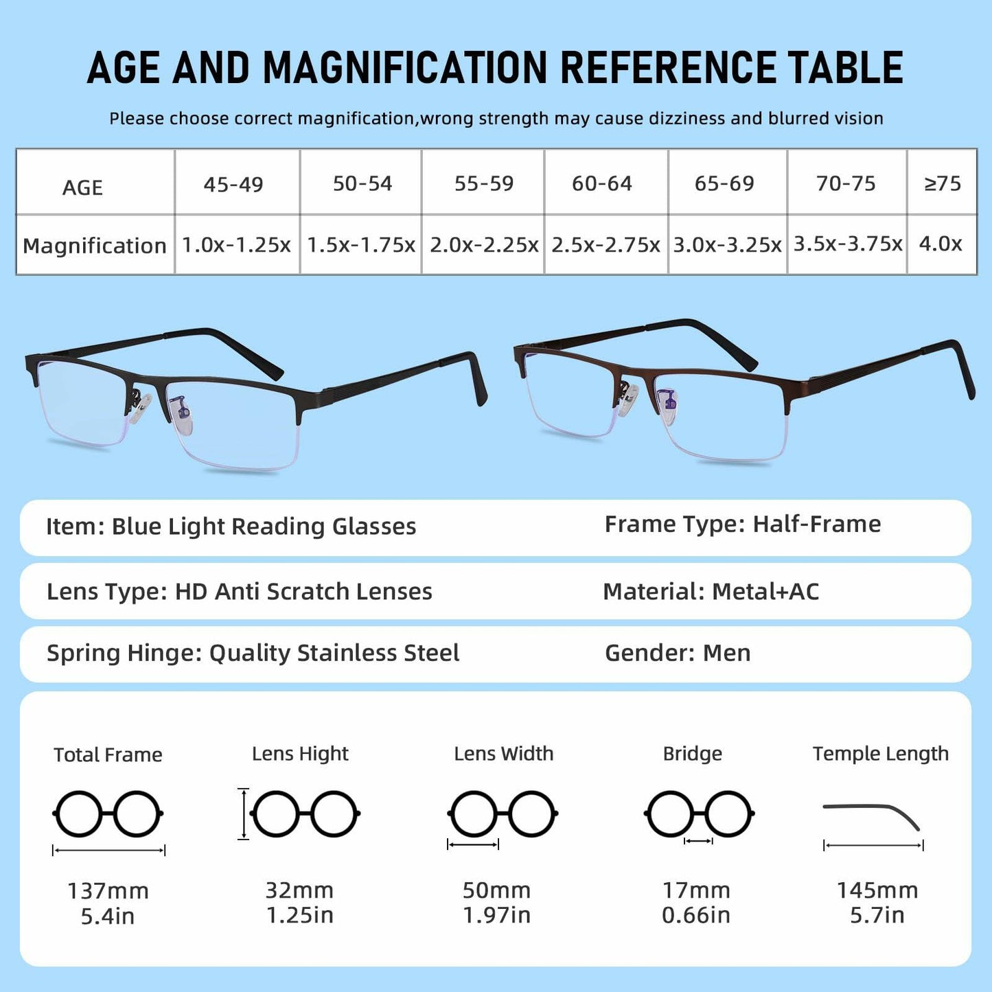 Anourney 3-Pack Men’s Reading Glasses +2.25 Metal Half Frame Blue Light