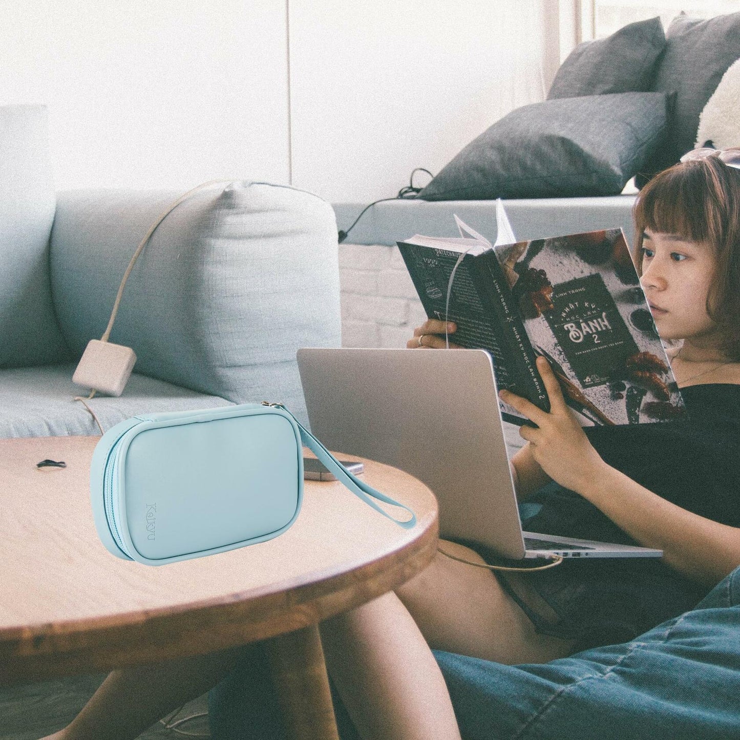 Koikyu PU Leather Tampon Organizer Bag with Zipper Handle Light Blue Small