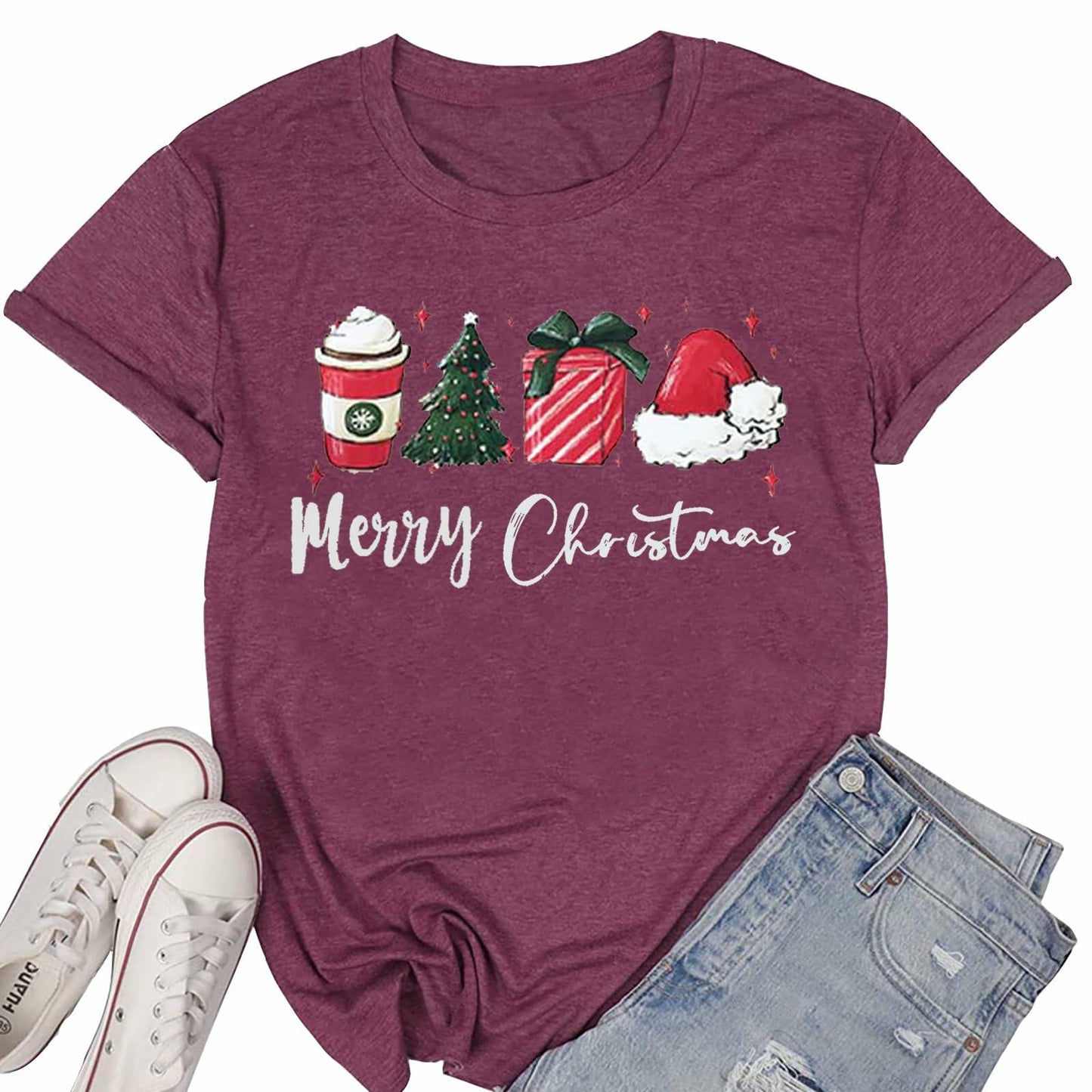 ZXCAHPT Christmas Shirt Women Merry Xmas Holiday Tee Coffee Tree Santa Size M