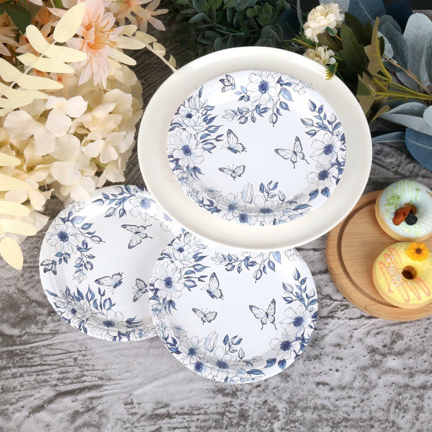 Pandecor 50 Blue White Floral Disposable Paper Plates 7in Butterfly Theme