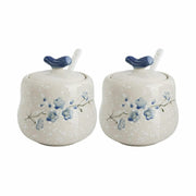 YMYL Ceramic Sugar Bowl Set 2 Blue Floral 13.5oz with Lid & Spoon Retro