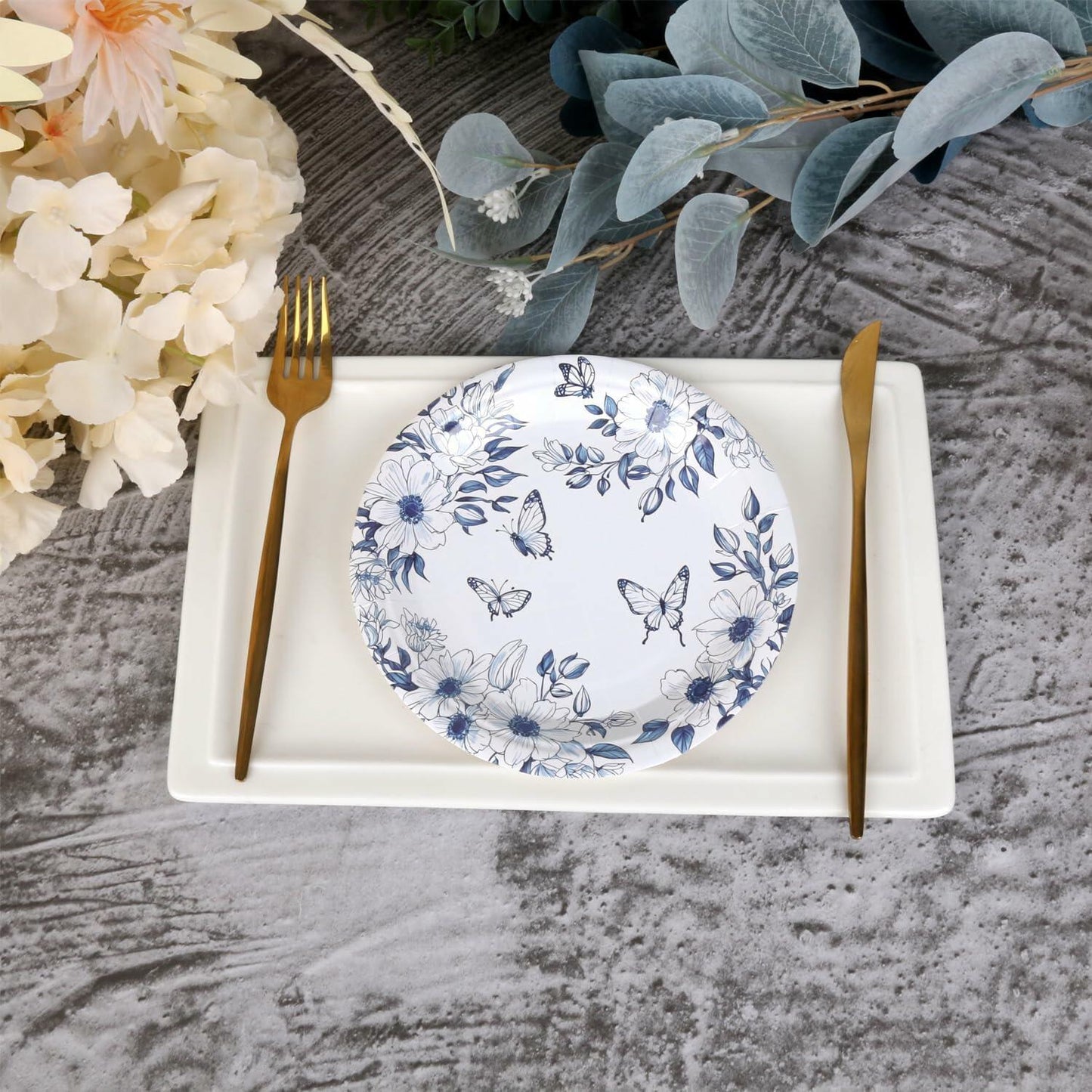 Pandecor 50 Blue White Floral Disposable Paper Plates 7in Butterfly Theme