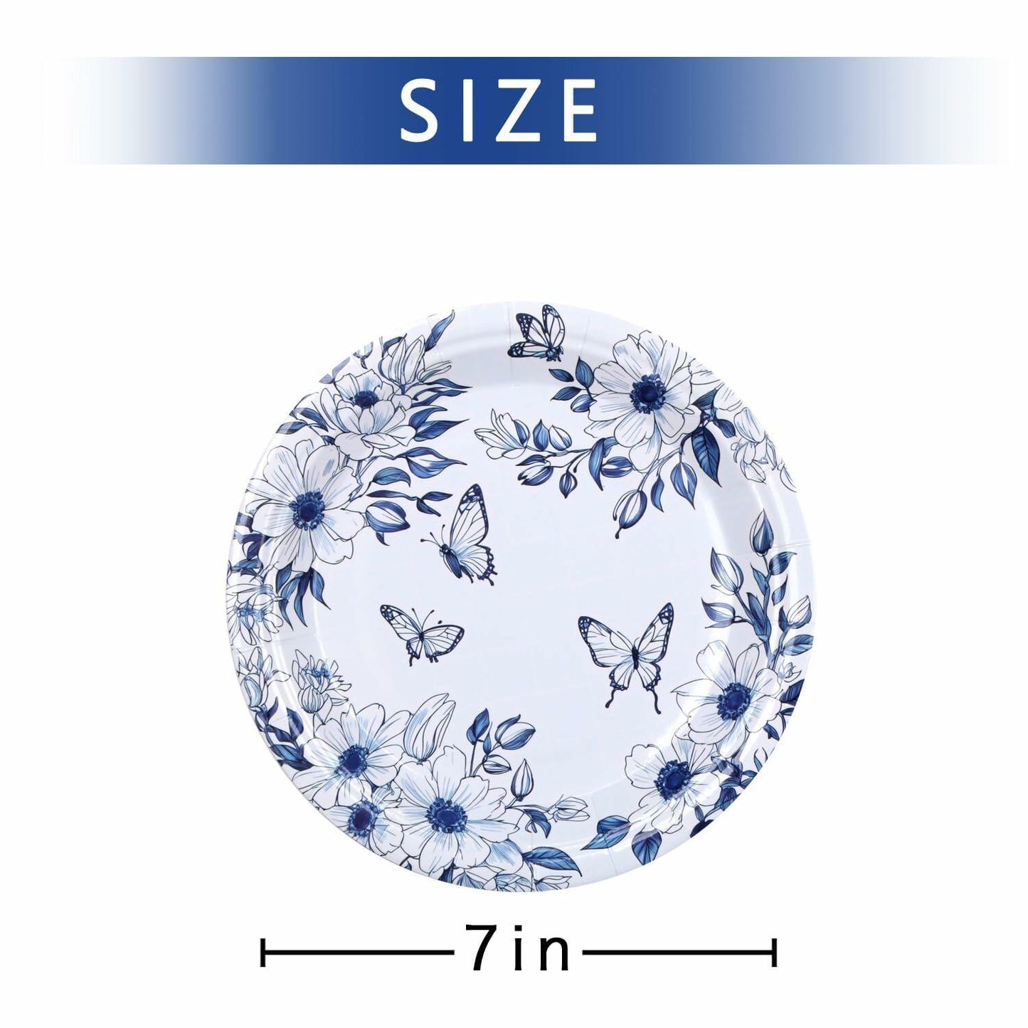 Pandecor 50 Blue White Floral Disposable Paper Plates 7in Butterfly Theme