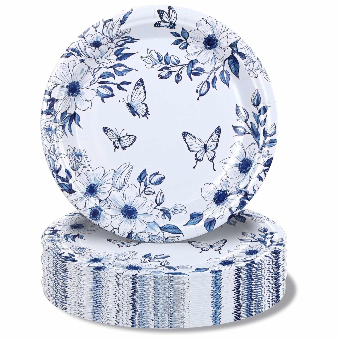Pandecor 50 Blue White Floral Disposable Paper Plates 7in Butterfly Theme