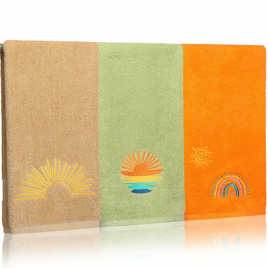 Fanfanwin Boho Embroidered Cotton Hand Towels 14x29 Inch Sun Moon Rainbow 3 Pc