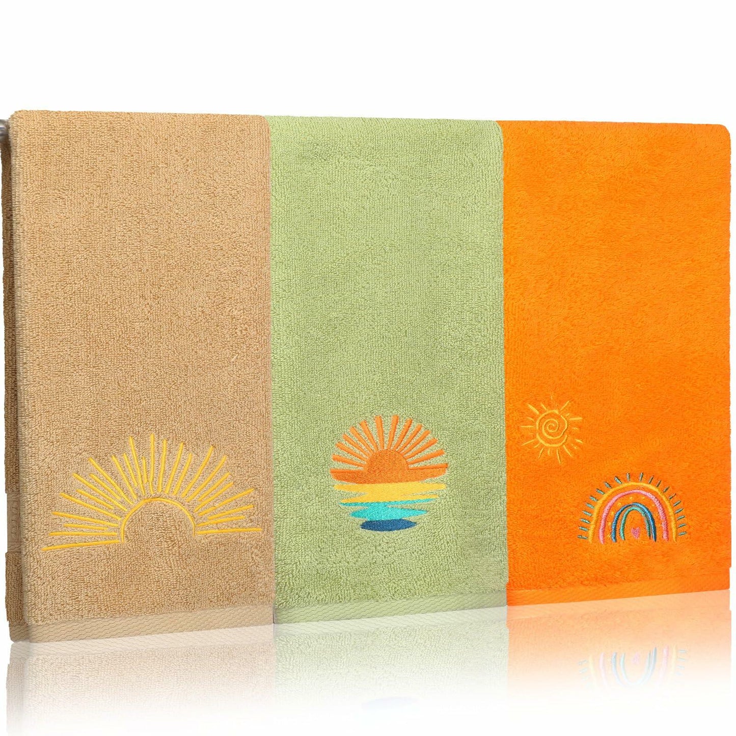 Fanfanwin Boho Embroidered Cotton Hand Towels 14x29 Inch Sun Moon Rainbow 3 Pc