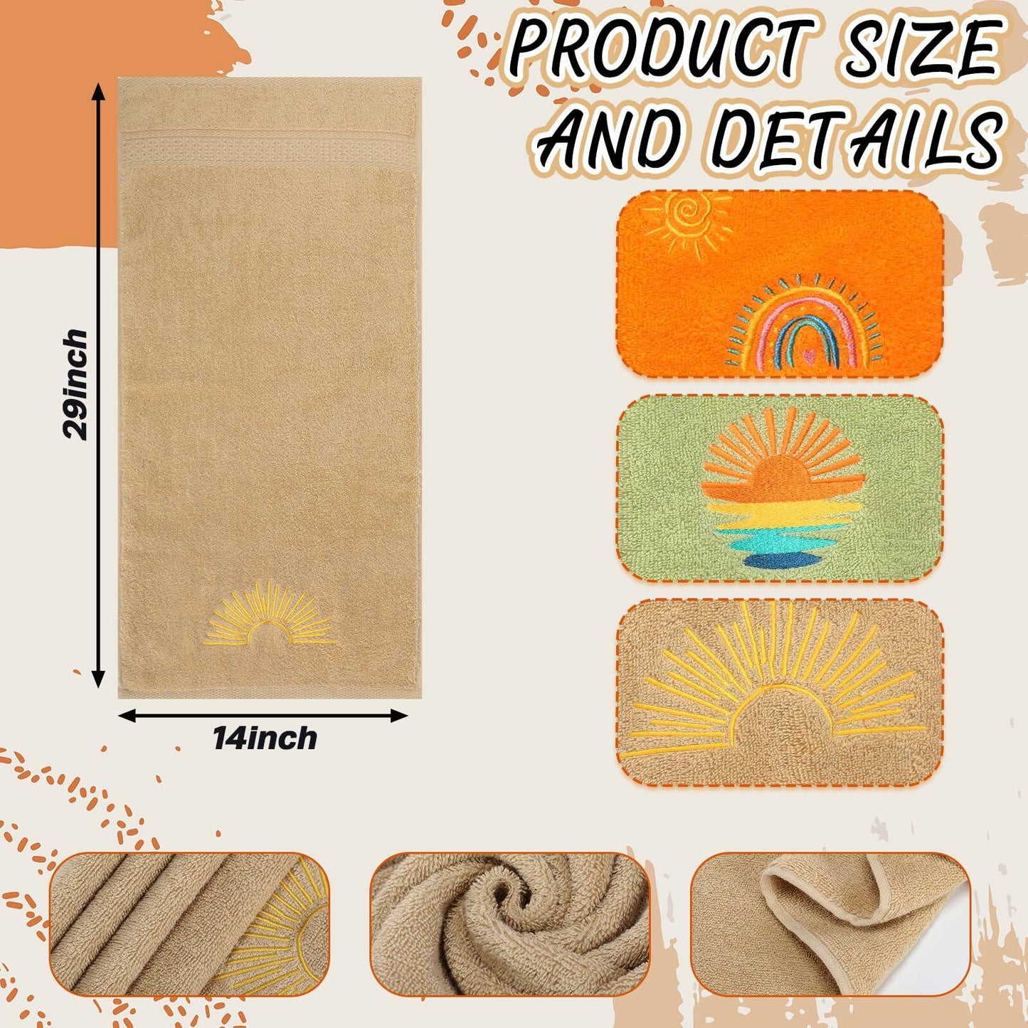 Fanfanwin Boho Embroidered Cotton Hand Towels 14x29 Inch Sun Moon Rainbow 3 Pc