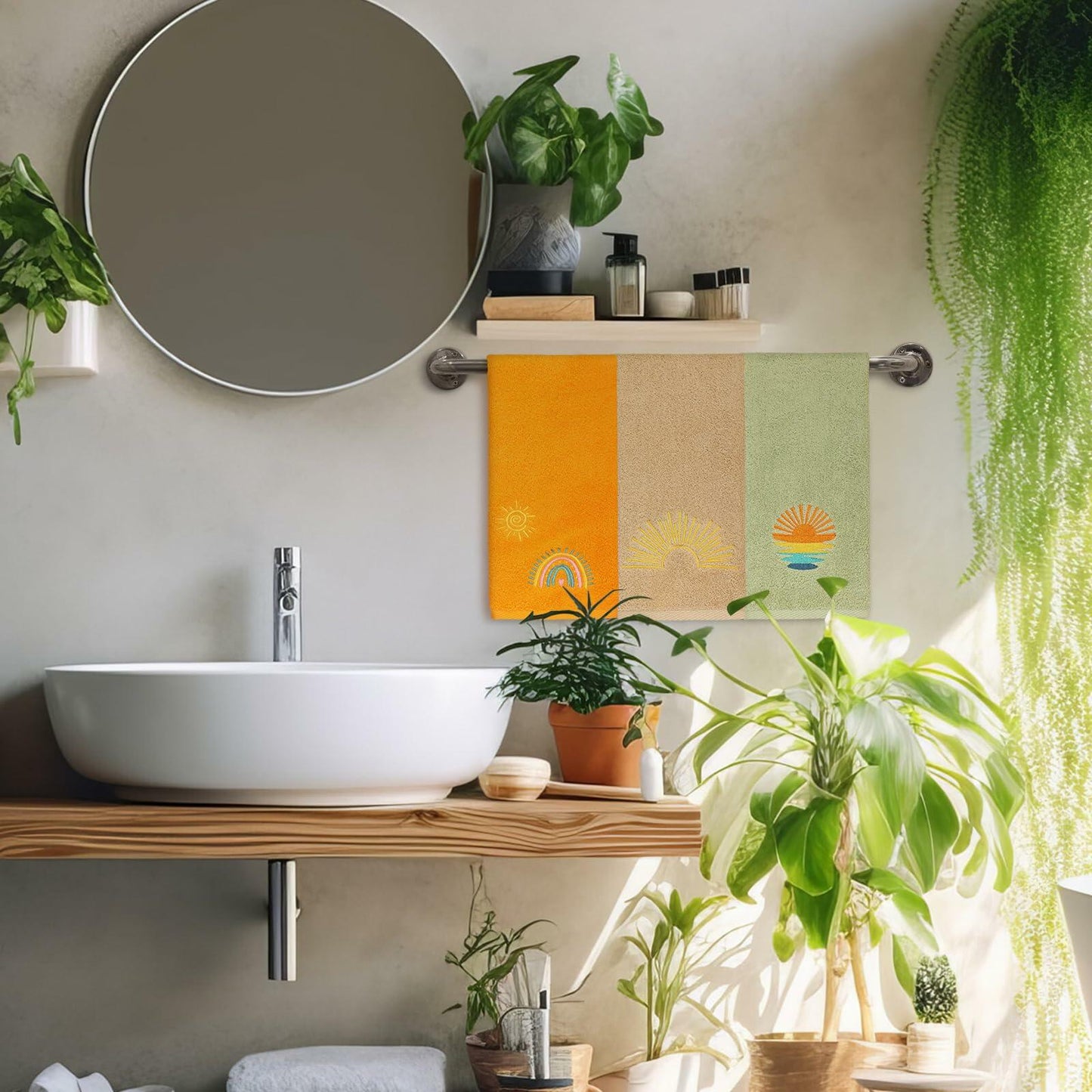 Fanfanwin Boho Embroidered Cotton Hand Towels 14x29 Inch Sun Moon Rainbow 3 Pc