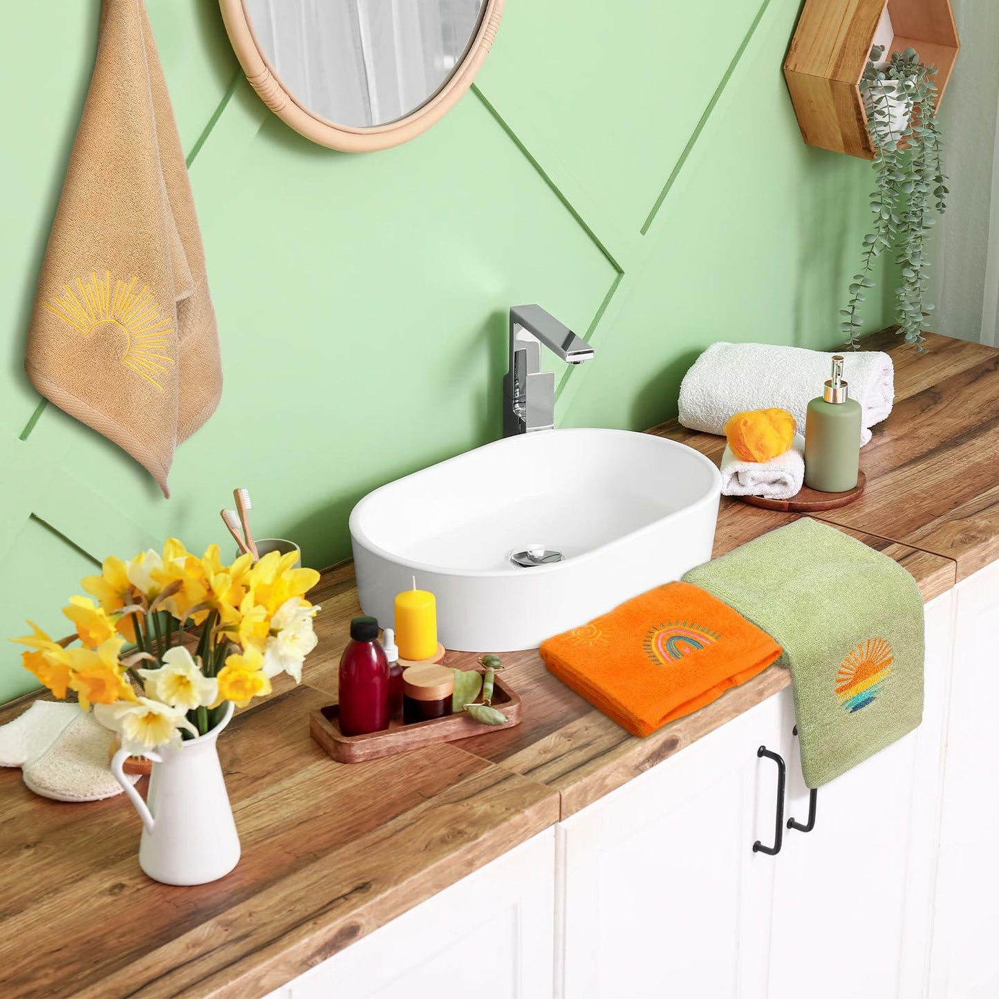 Fanfanwin Boho Embroidered Cotton Hand Towels 14x29 Inch Sun Moon Rainbow 3 Pc