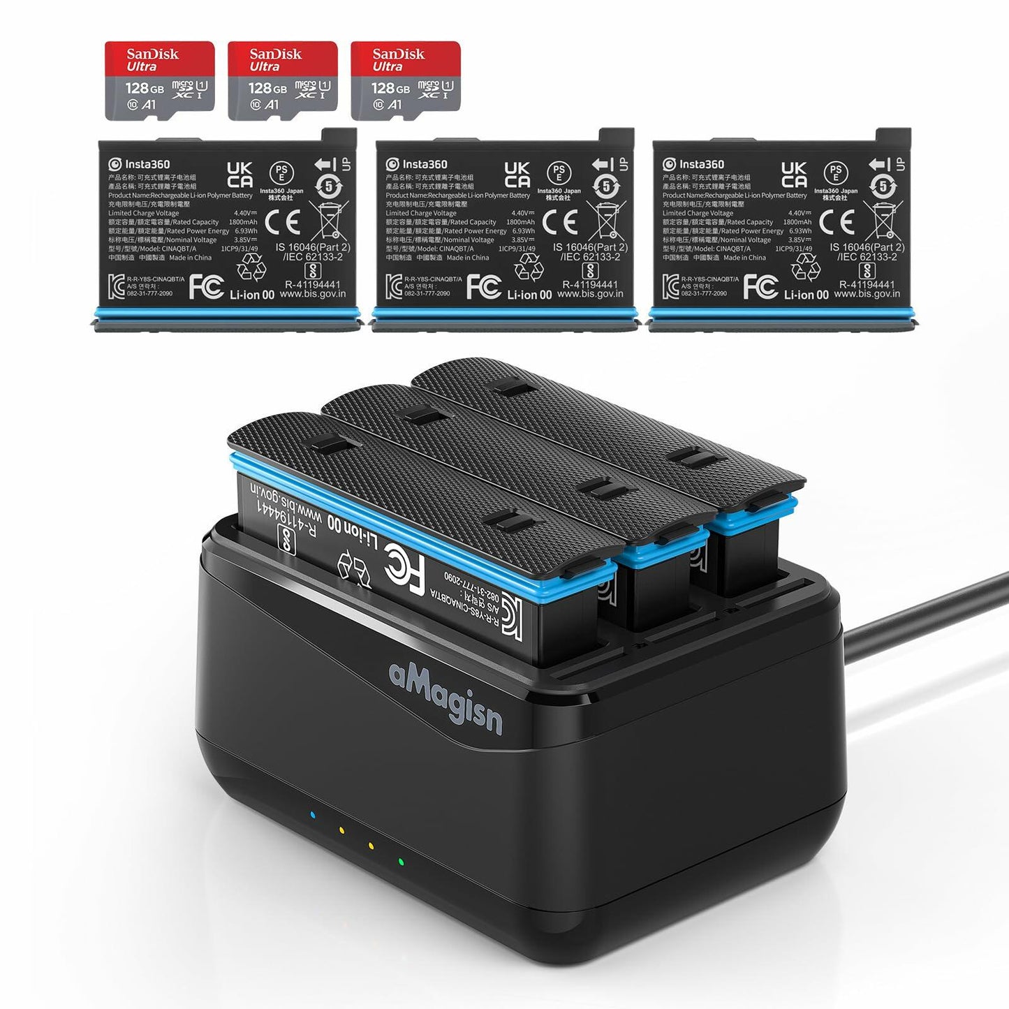 GAEKOL Insta360 X4 3-Slot Battery Charging Hub USB-C Cable Black