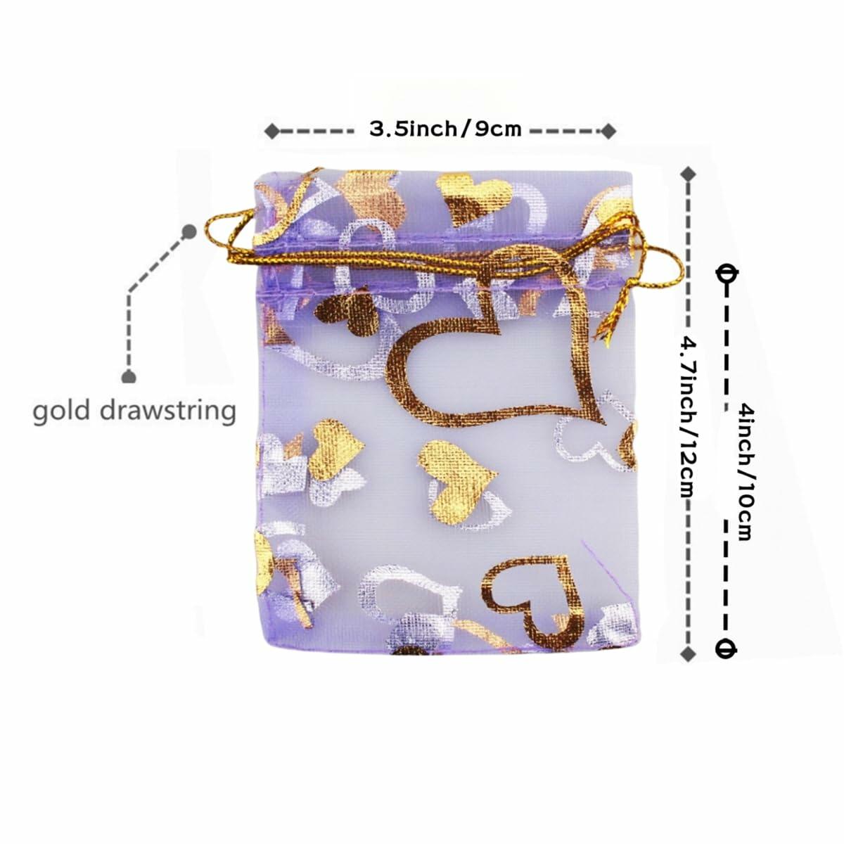 QIANHAILIZZ 100 pcs 3.5x4.7in Flower Heart Organza Gift Pouch Lilac Gold