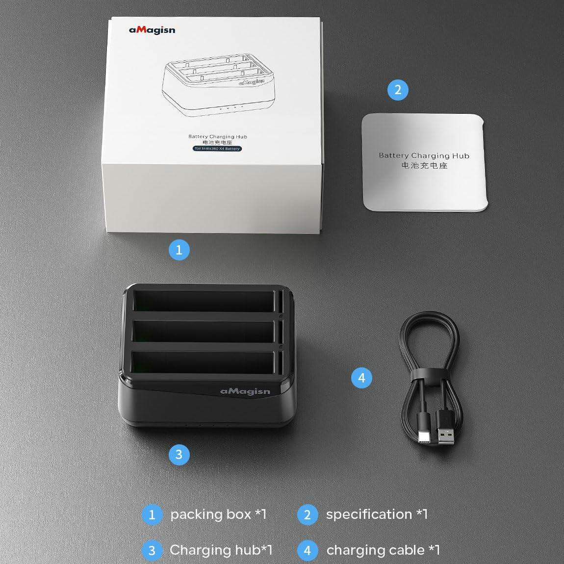 GAEKOL Insta360 X4 3-Slot Battery Charging Hub USB-C Cable Black