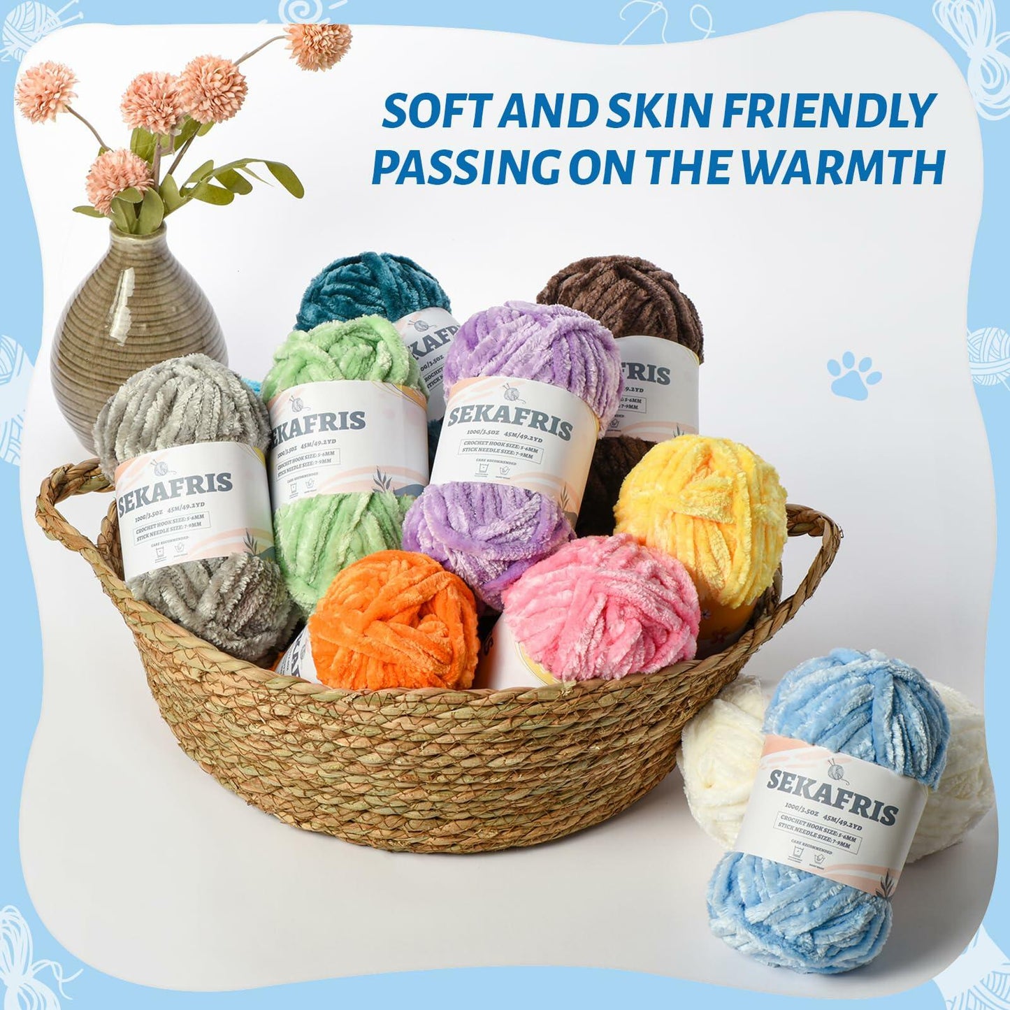 Sekafris Fuzzy Chunky Chenille Yarn 100g 49.2yd Soft Plush Khaki