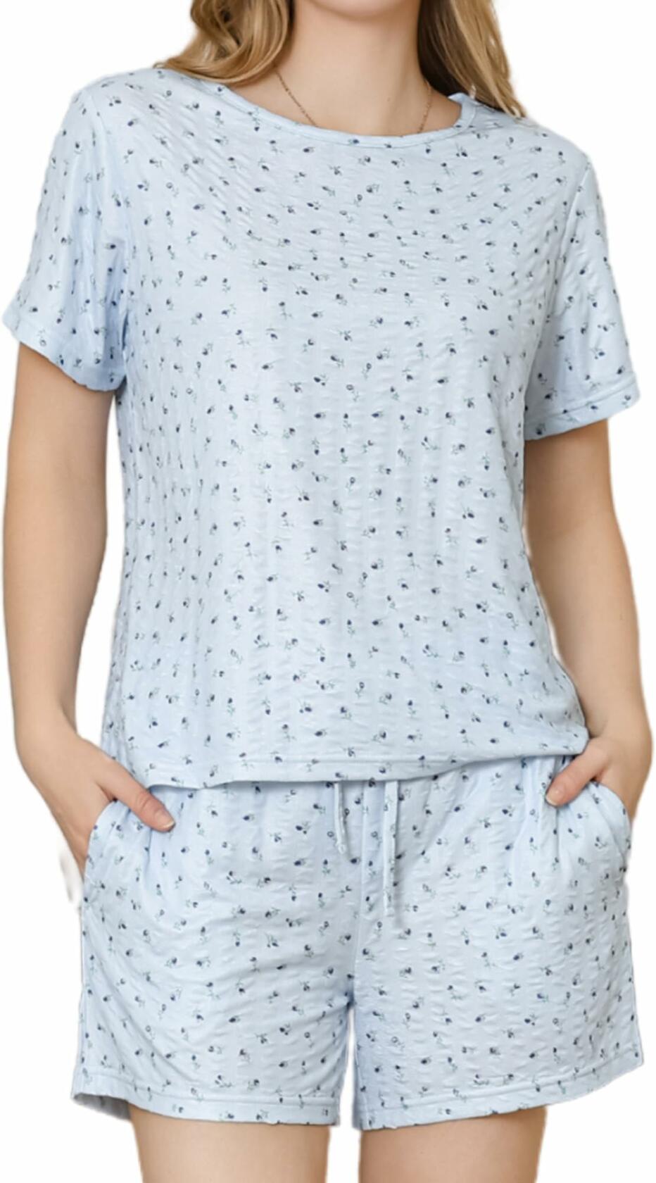 LYCY Womens Floral Print Pajama Shorts Set Light Blue Floral Size L