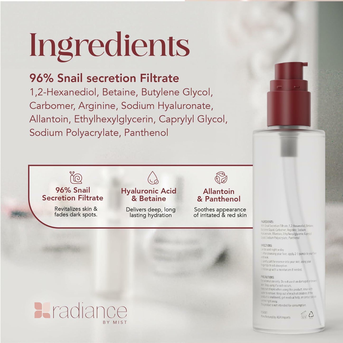 Radiance Snail Mucin Serum 96% Mucin Hyaluronic Acid 100ml Korean Skin Care LIKE