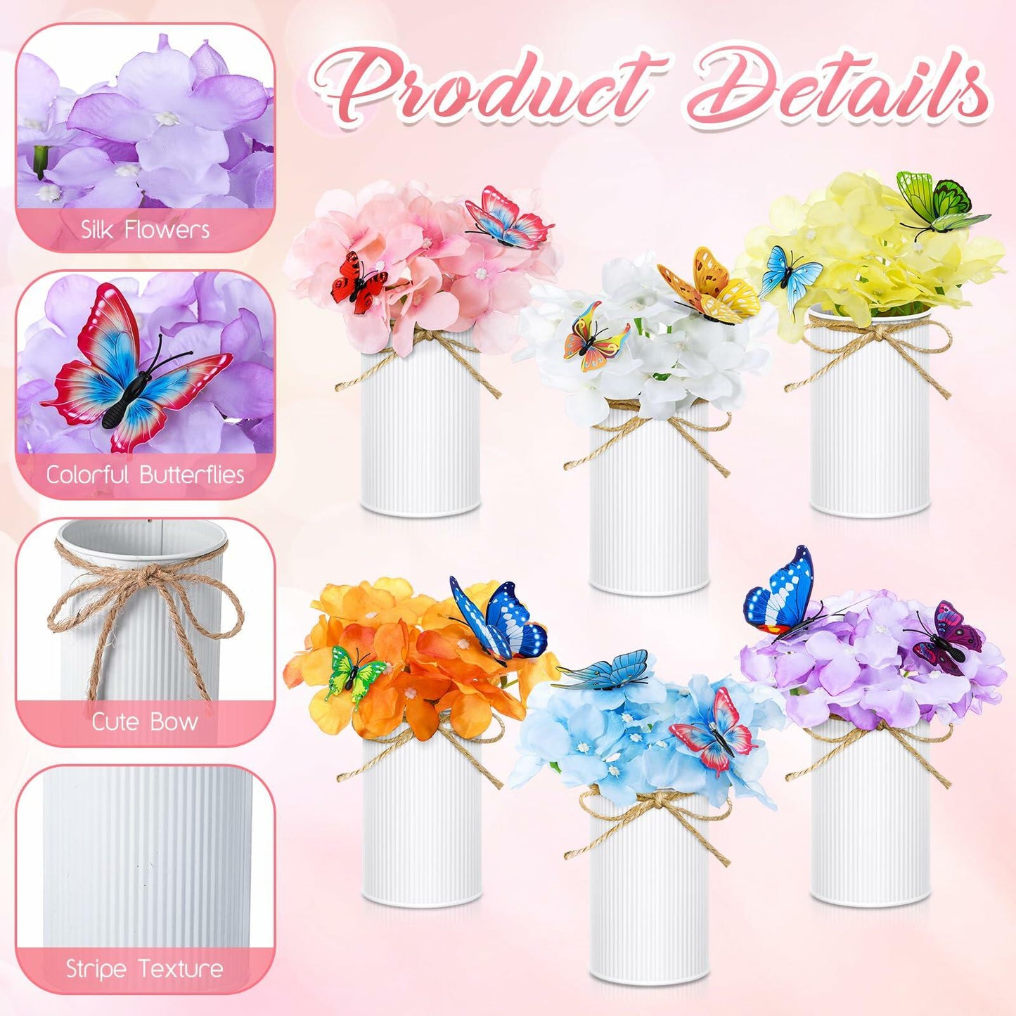 Mimorou 6 Sets Artificial Hydrangea Flower Centerpieces White Metal Pots