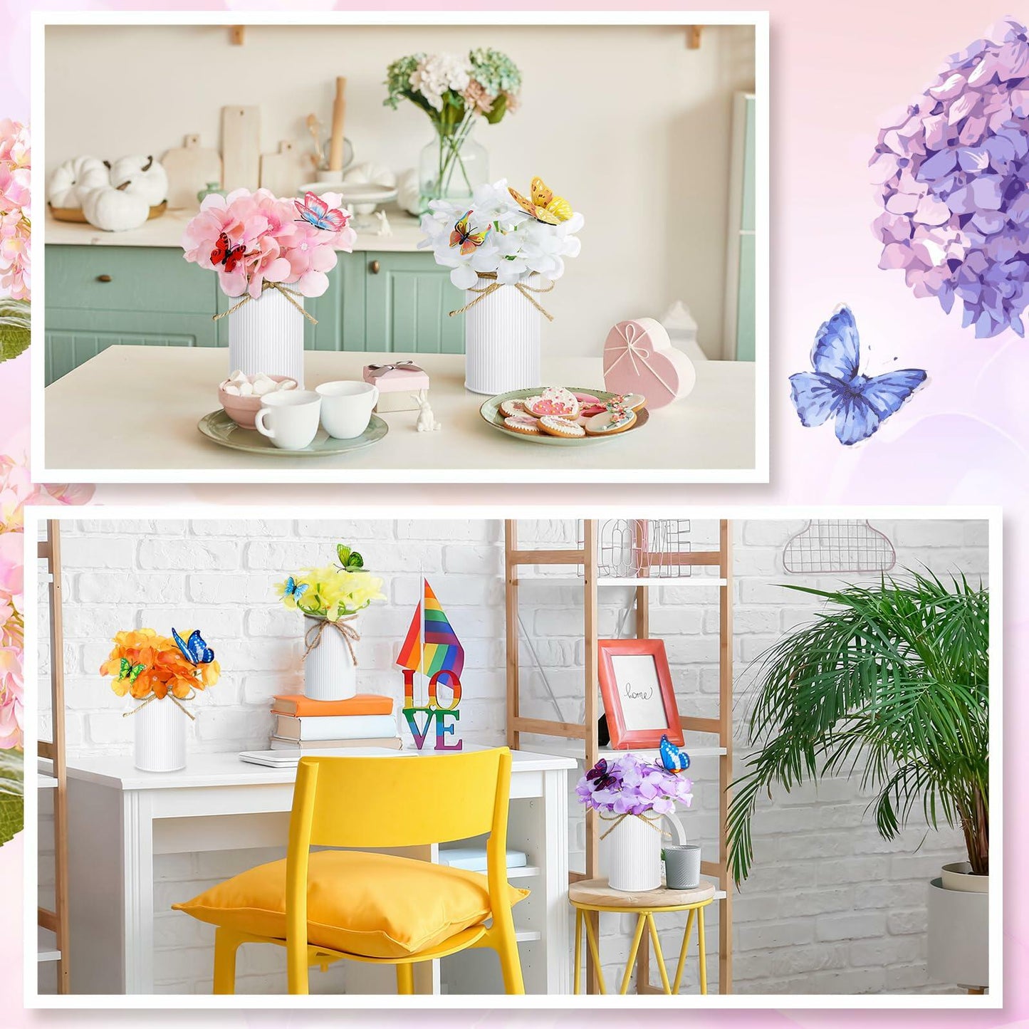 Mimorou 6 Sets Artificial Hydrangea Flower Centerpieces White Metal Pots