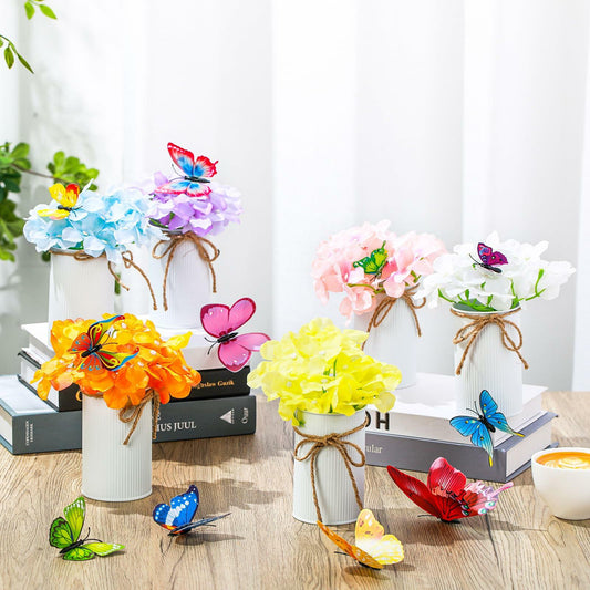 Mimorou 6 Sets Artificial Hydrangea Flower Centerpieces White Metal Pots