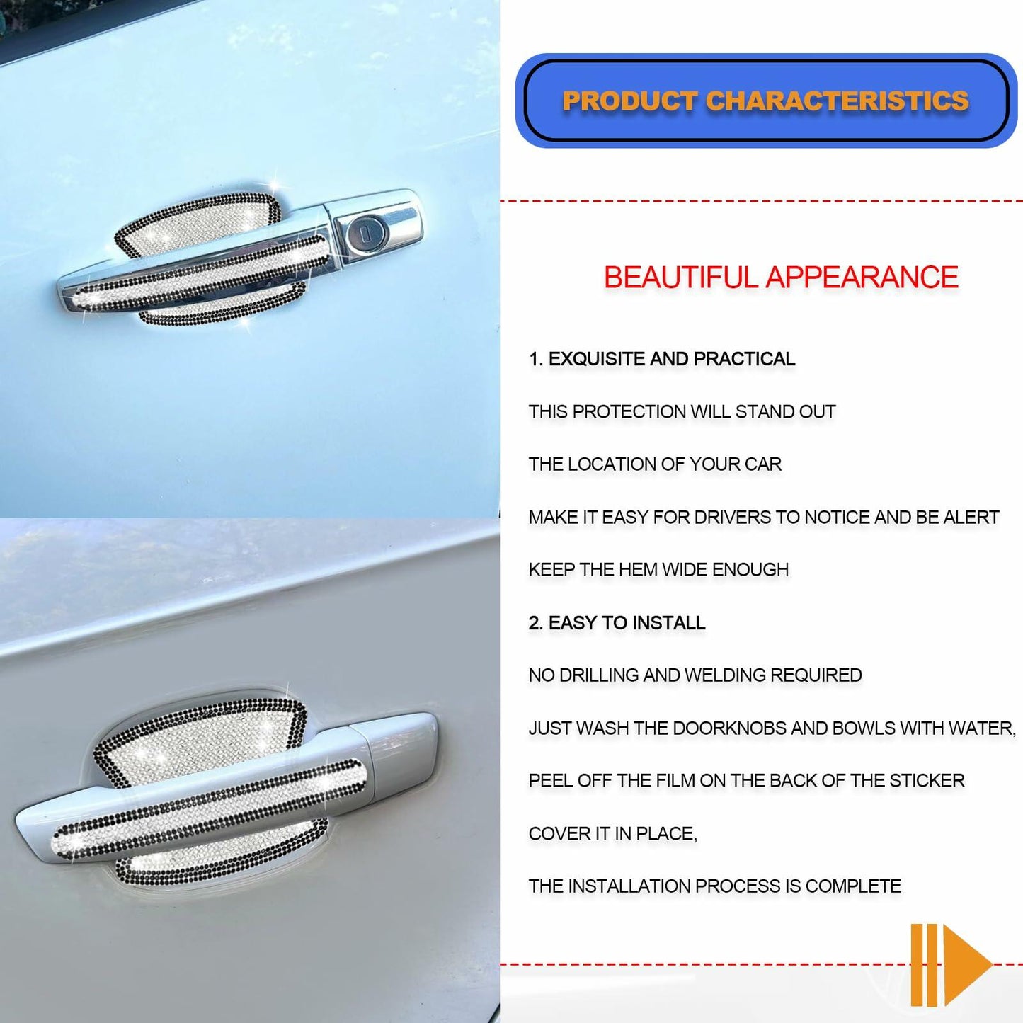 KEVWR 10pcs Bling Rhinestone Car Door Handle Stickers Protective Film Colorful