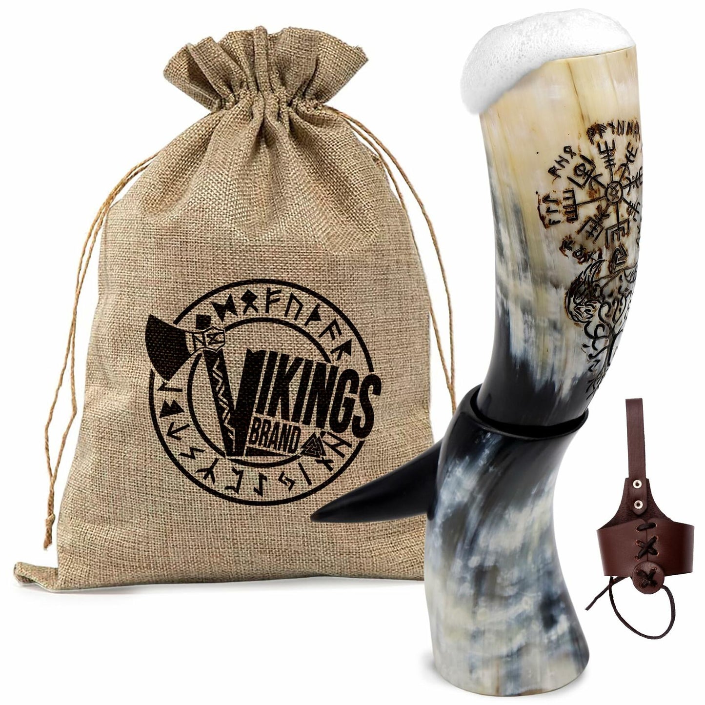 VikingsBrand Handmade Viking Drinking Horn with Stand Vegvisir Yggdrasil 19in