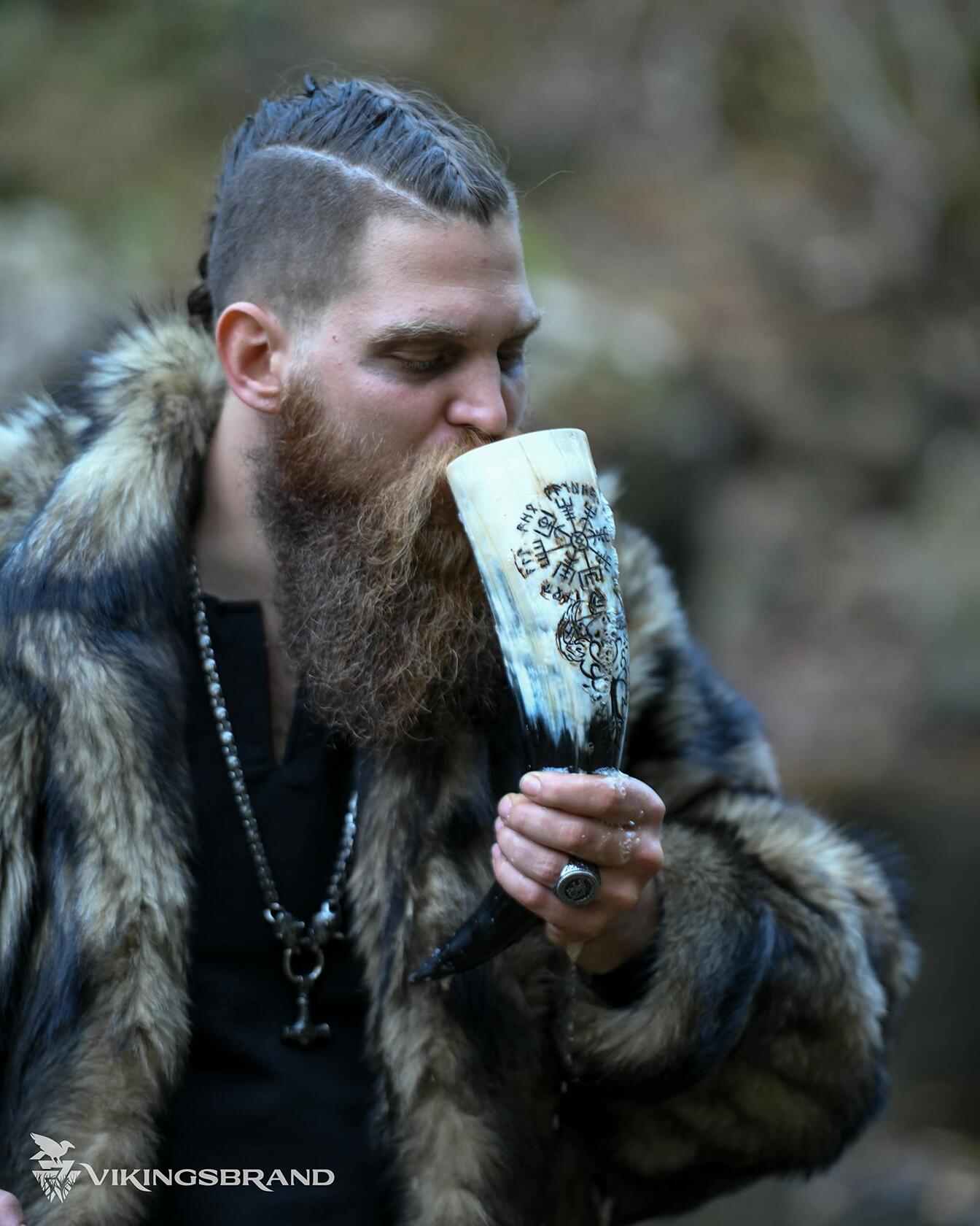 VikingsBrand Handmade Viking Drinking Horn with Stand Vegvisir Yggdrasil 19in