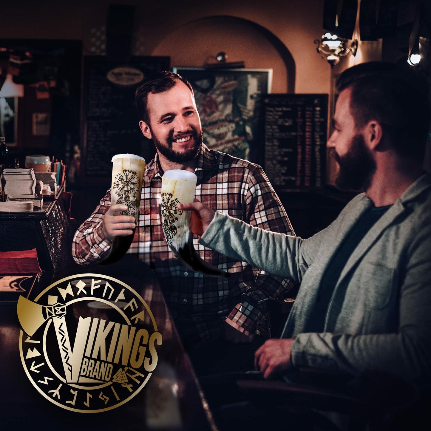 VikingsBrand Handmade Viking Drinking Horn with Stand Vegvisir Yggdrasil 19in