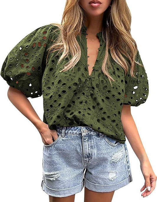 Chapsor Women's Casual Summer Blouse V Neck Eyelet Embroidery Army Green Size S