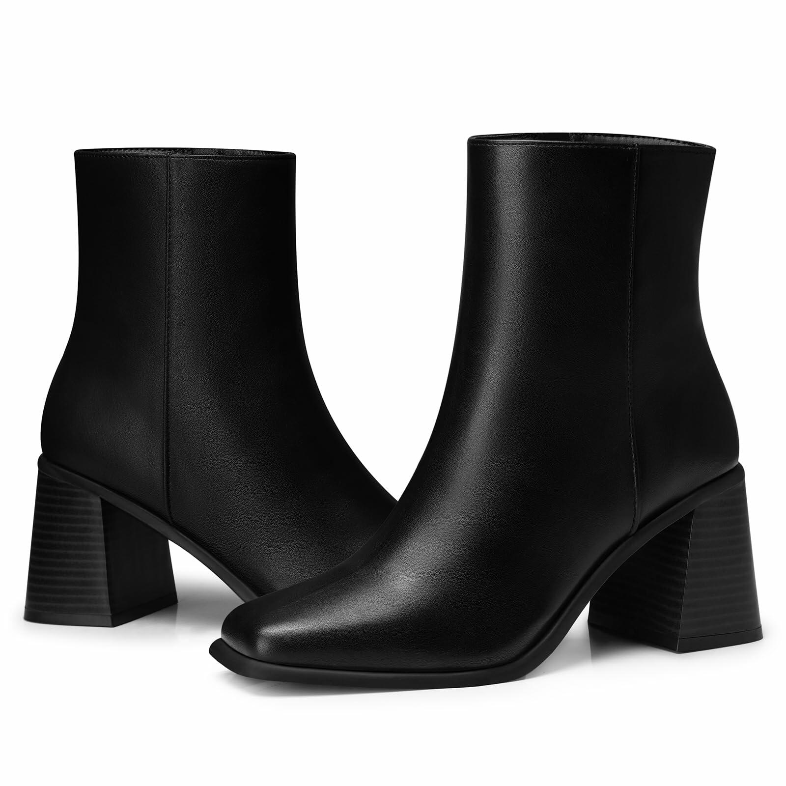 CELLENZ Women Ankle Boots Chunky Heel Square Toe Black Leather Size 9