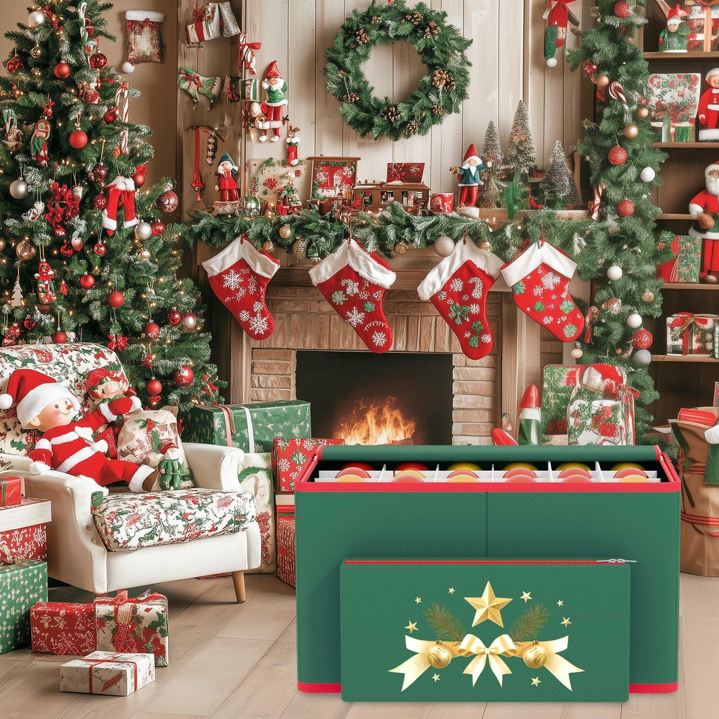 OMKSIH Christmas Ornament Storage Box Zippered Green Holds 96 Ornaments