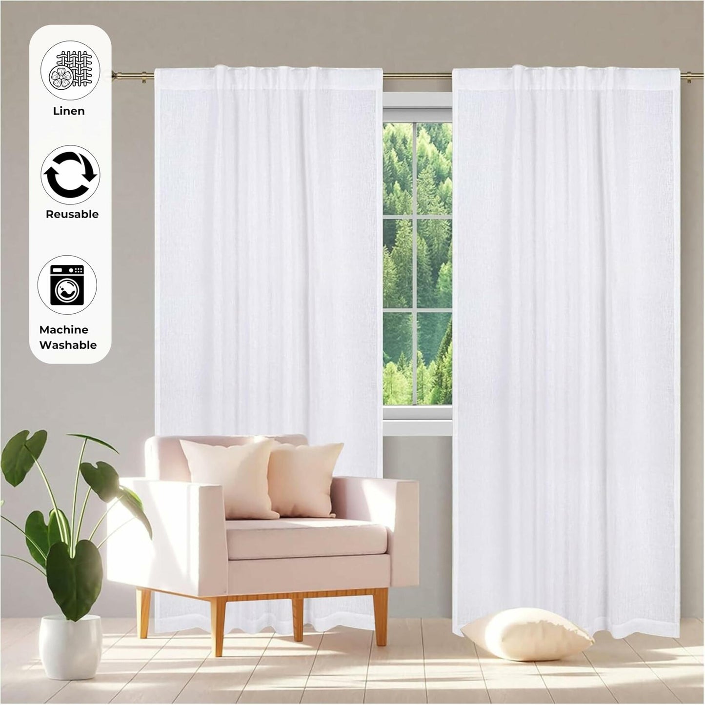 Limecasa Linen White Farmhouse Curtain 50x84 Tab Top Room Darkening 1 Panel