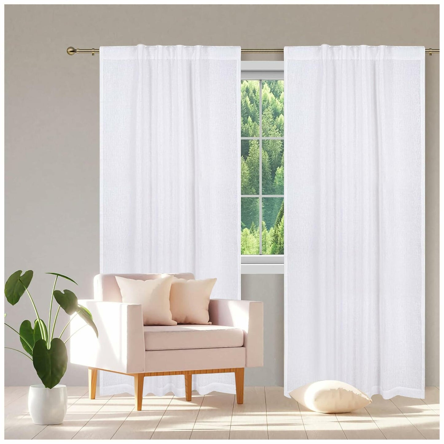 Limecasa Linen White Farmhouse Curtain 50x84 Tab Top Room Darkening 1 Panel