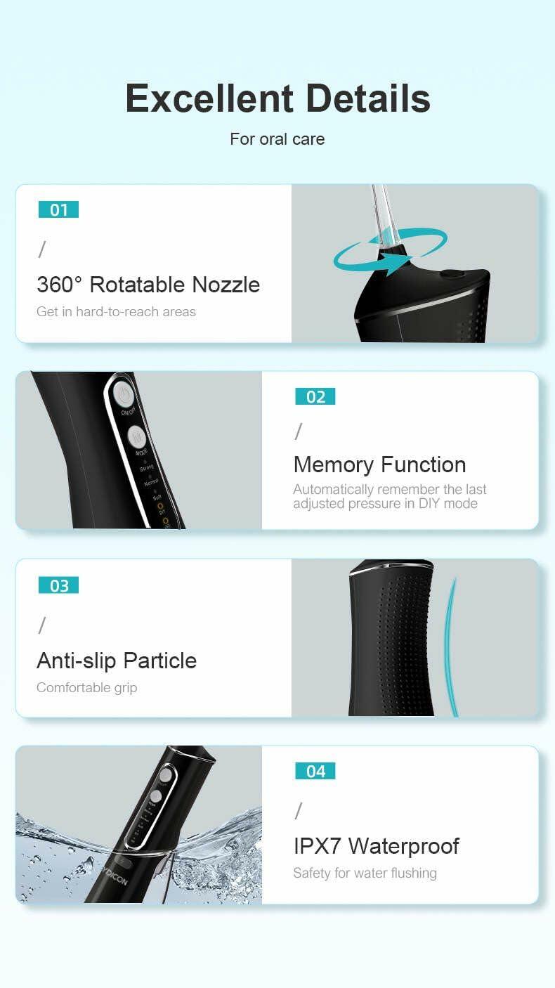 Aydicon Water Dental Flosser Rechargeable 4 Modes 300ML Tank IPX7 Waterproof