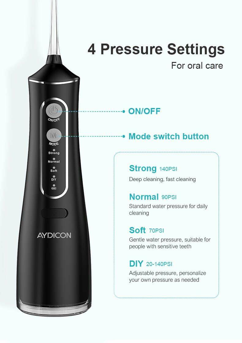 Aydicon Water Dental Flosser Rechargeable 4 Modes 300ML Tank IPX7 Waterproof