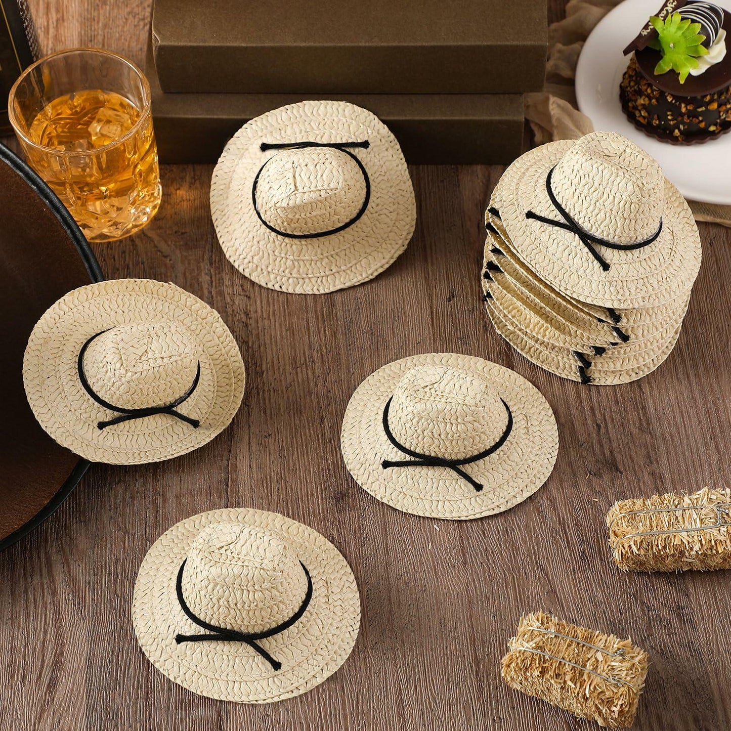 Cutecrop 12 Pcs Mini Cowboy Straw Doll Hats 4.72" Western Party Milk White Black